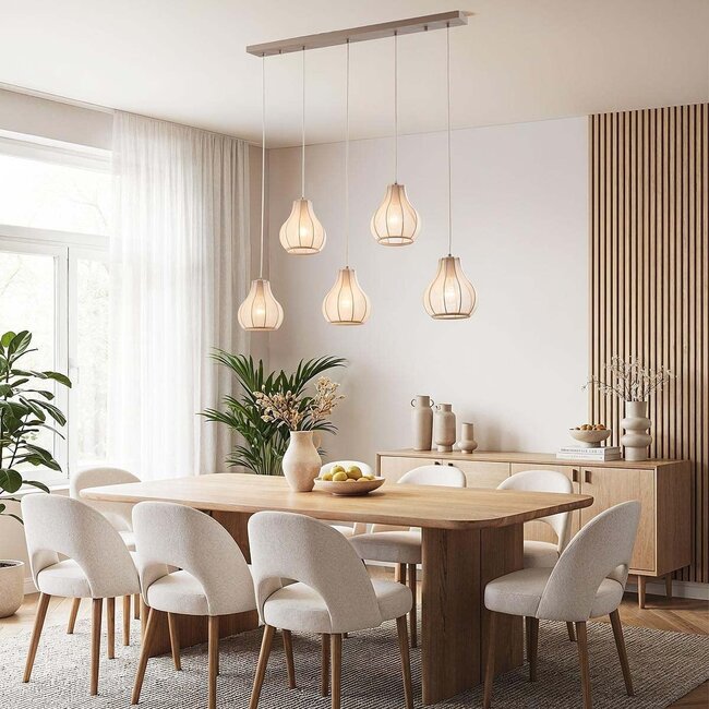 Japandi Senji pendant lamp – 5-light sand taupe with linen shades