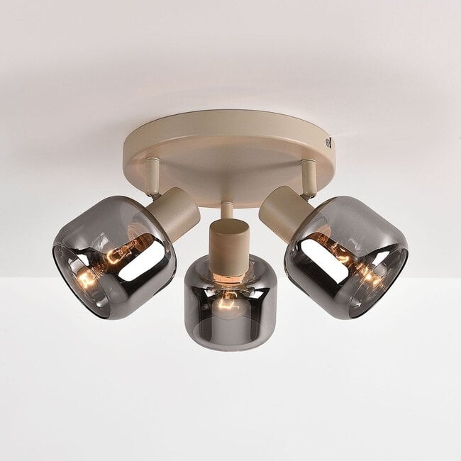 3-light adjustable ceiling lamp Klarina in sand beige with smoked glass and mirror effect
