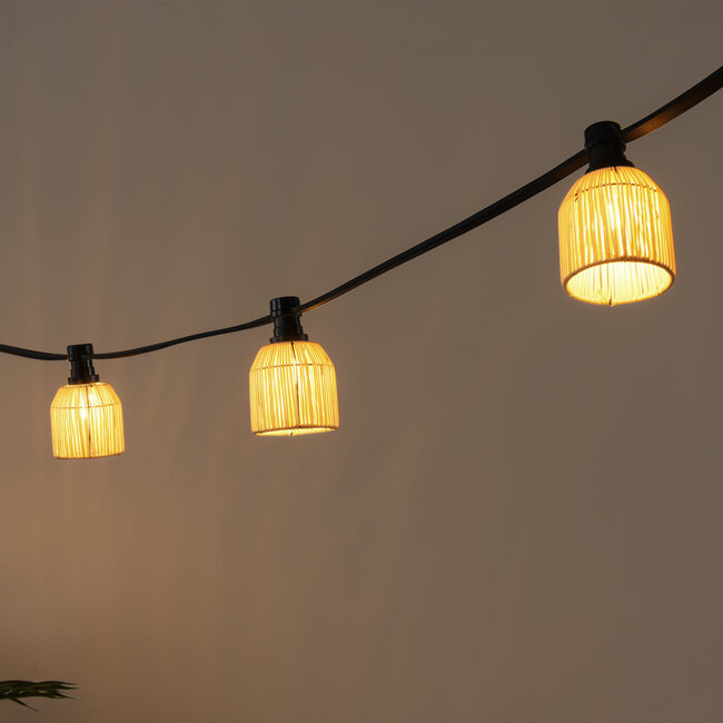 Festoon set including shades in sand beige rattan look with 1W LED bulbs