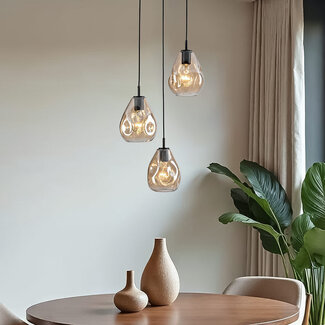 3-light pendant light Lainas - black with amber glass