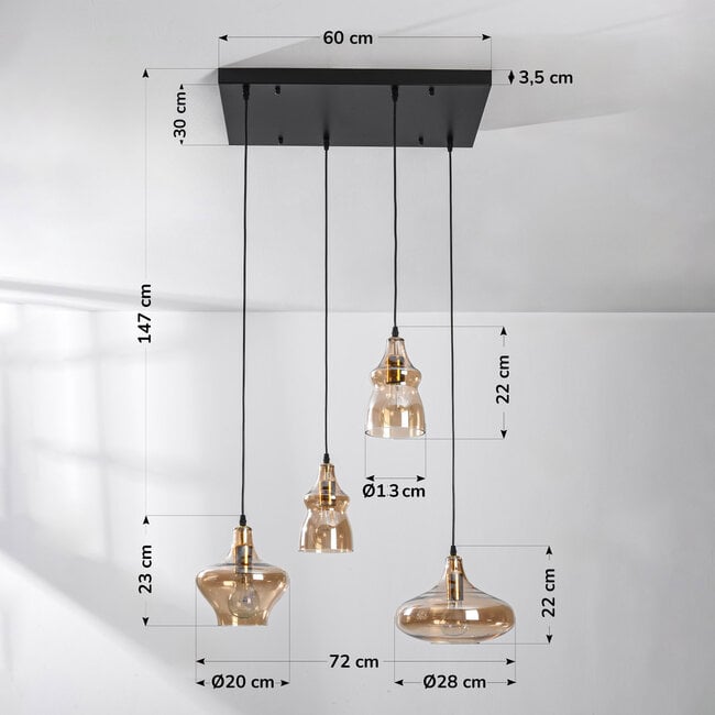 4-light retro pendant light Maracas - black with amber glass