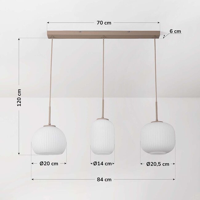 3-light pendant light Meliora - beige with ribbed opal white glass