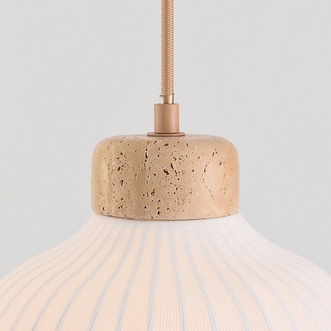 3-light pendant lamp Carru with fabric shades and travertine (natural stone)