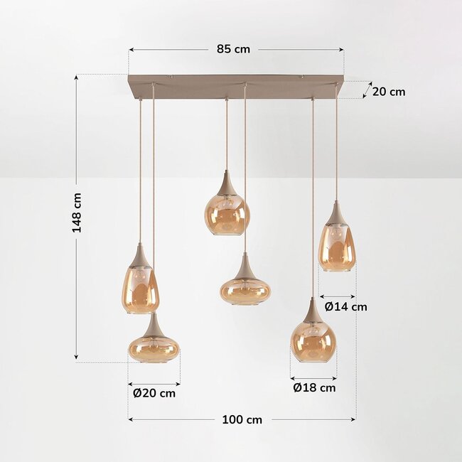 6-light pendant lamp Loic with amber glass in sand beige