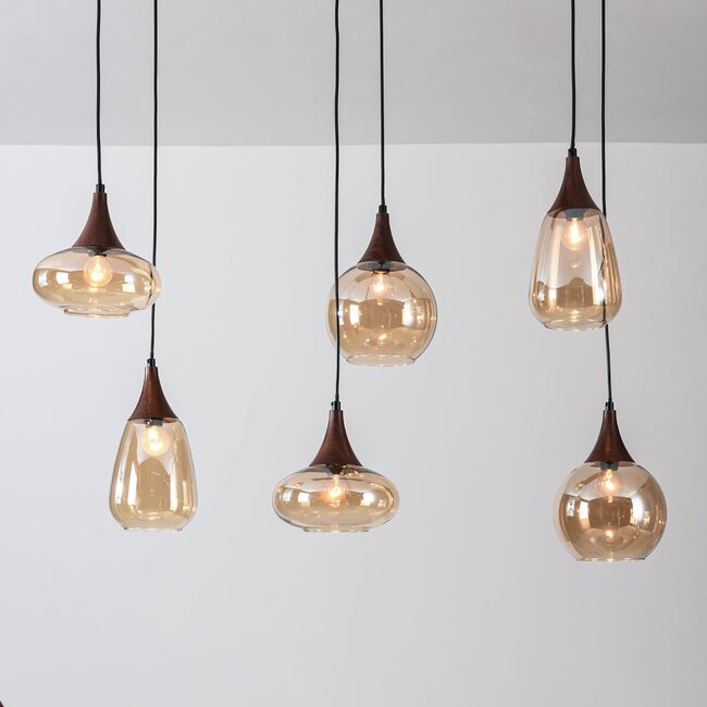 Loic 6-light pendant light - amber glass and wood effect