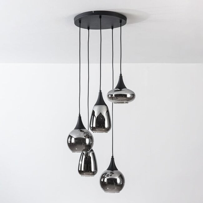 Loua 5-light pendant light - black with smoked glass