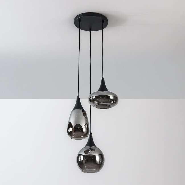 3-light pendant light Loua - black with smoked glass and mirror effect