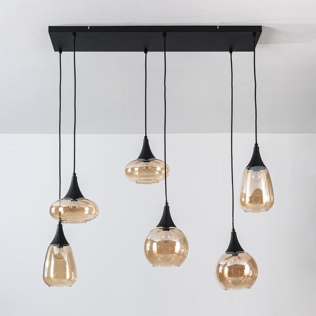 6-light pendant light Loic - black with amber glass