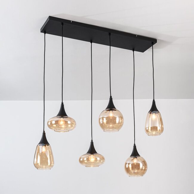 6-light pendant light Loic - black with amber glass