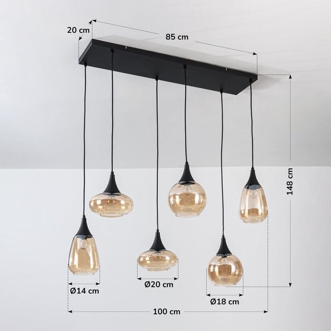6-light pendant light Loic - black with amber glass