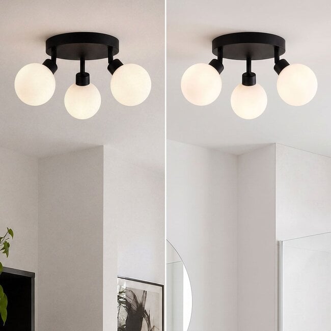 Ceiling lamp Zano with 3 adjustable spotlights in black with opal-white glass