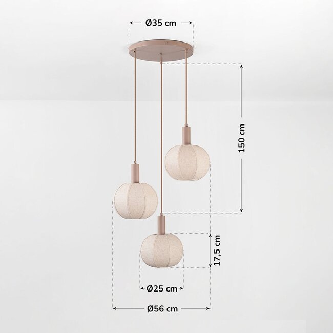 Pendant light Silvia with 3 fabric shades - taupe