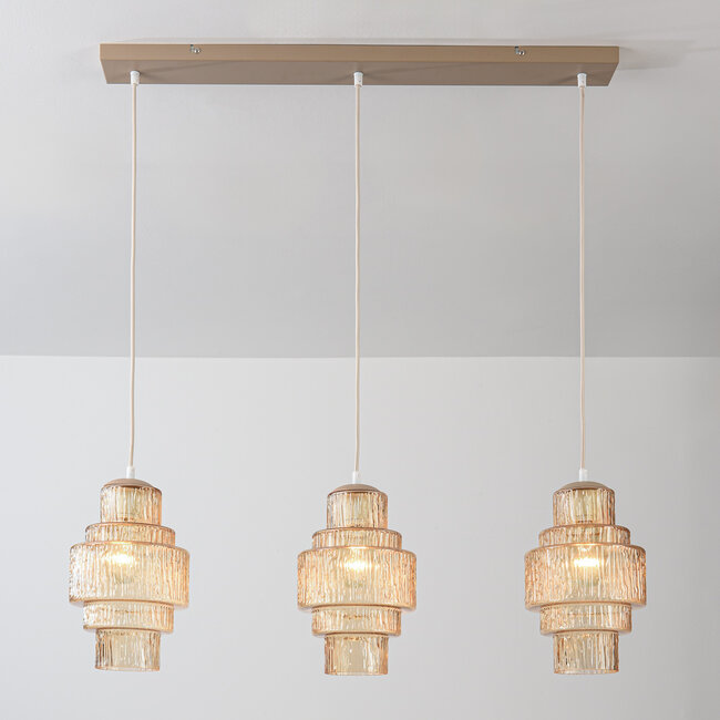 Odinda pendant light with 3 ribbed amber glass shades - beige