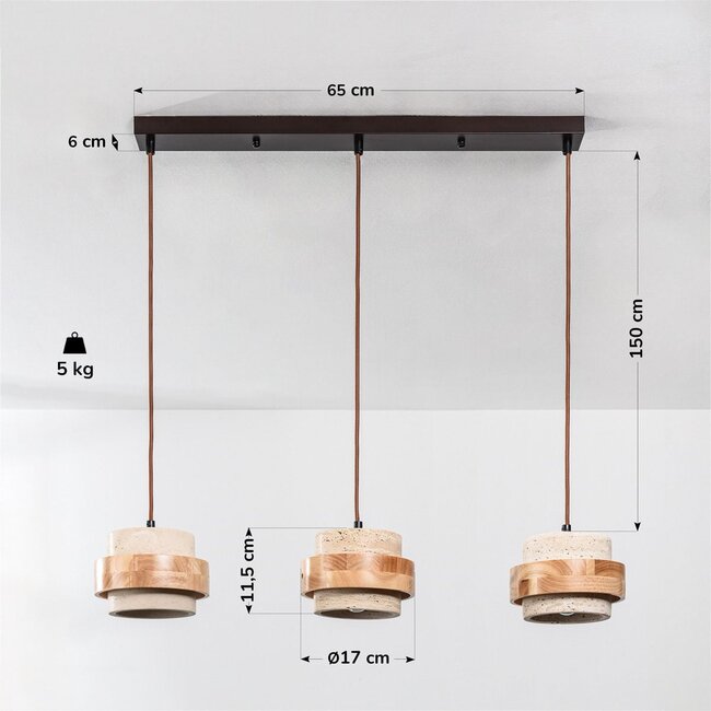 3-light pendant light Travo - travertine (natural stone) and light wood