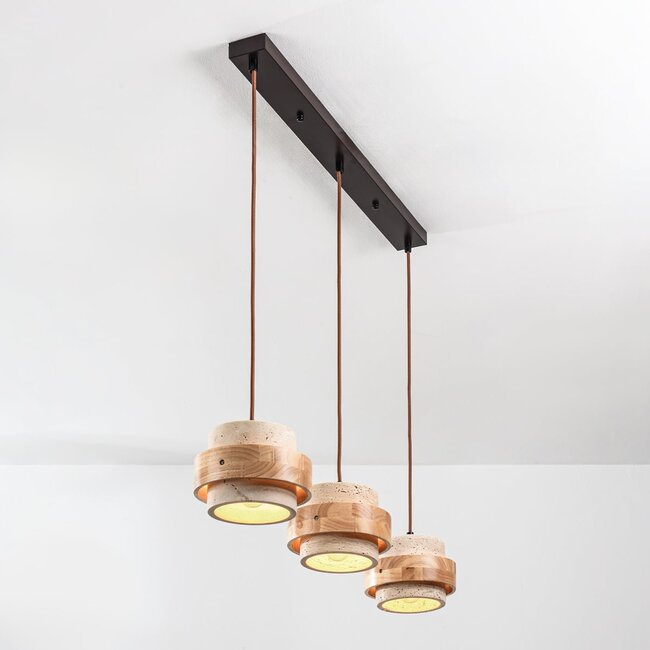 3-light pendant light Travo - travertine (natural stone) and light wood