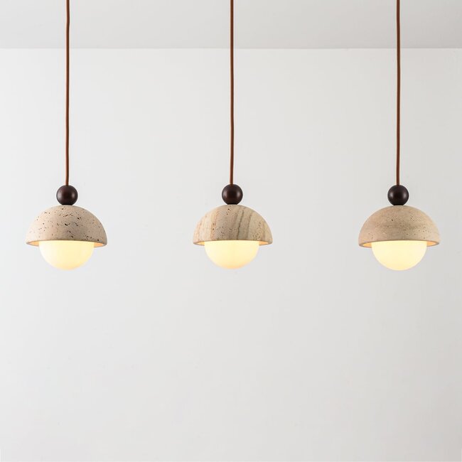 3-light pendant light Vara - travertine (natural stone), wood and opal white glass