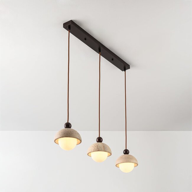 3-light pendant light Vara - travertine (natural stone), wood and opal white glass