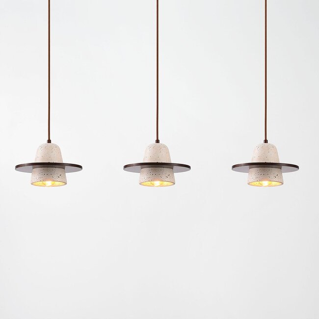 3-light Japandi pendant light Caelio - travertine (natural stone) and wood