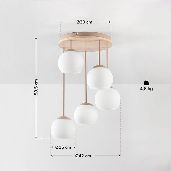 Ceiling lamp Carat in travertine (natural stone) with opal-white glass, 5-light in beige
