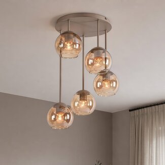 Carato ceiling light with 5 amber glass globes - beige