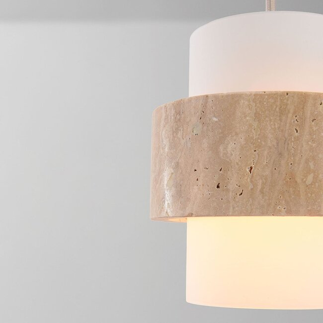 Pendant light Yuki with travertine and opal white glass - beige