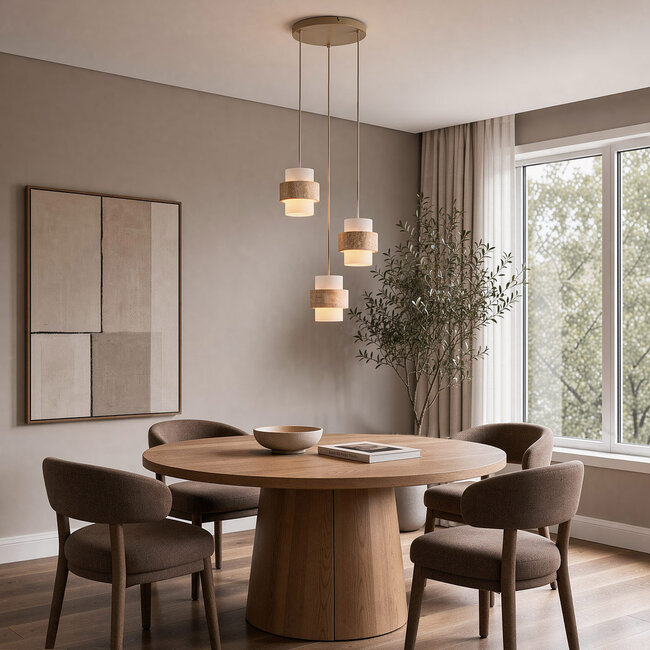 Sani pendant light with 3 shades made of travertine and opal white glass - beige