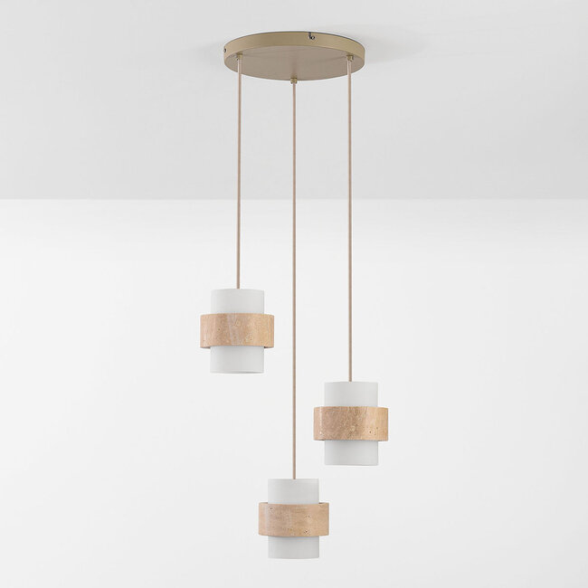 Sani pendant light with 3 shades made of travertine and opal white glass - beige