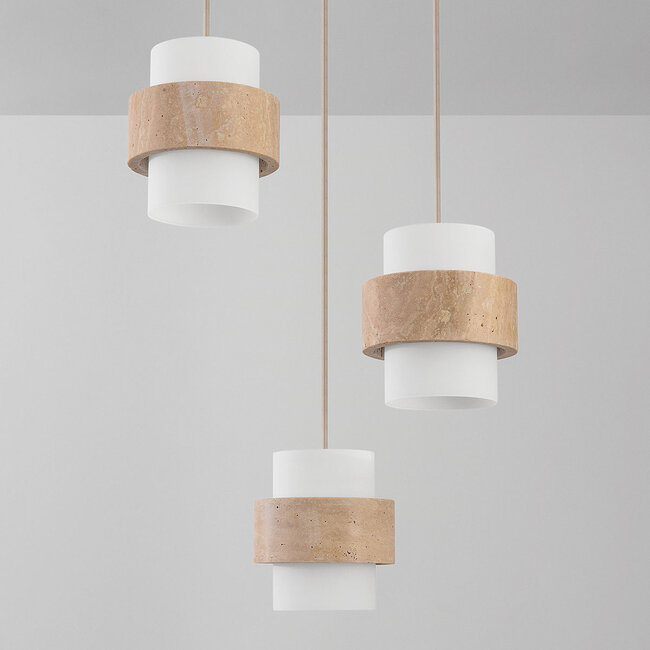 Sani pendant light with 3 shades made of travertine and opal white glass - beige