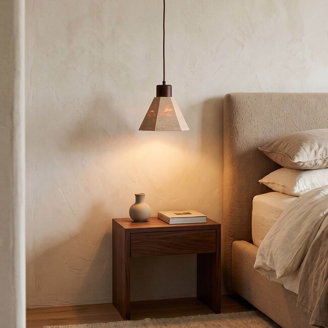 Petra pendant light in travertine and wood - brown