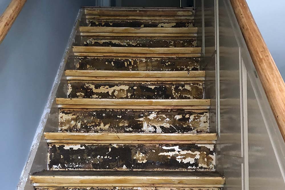 Tapijt en lijmresten verwijderen van de trap