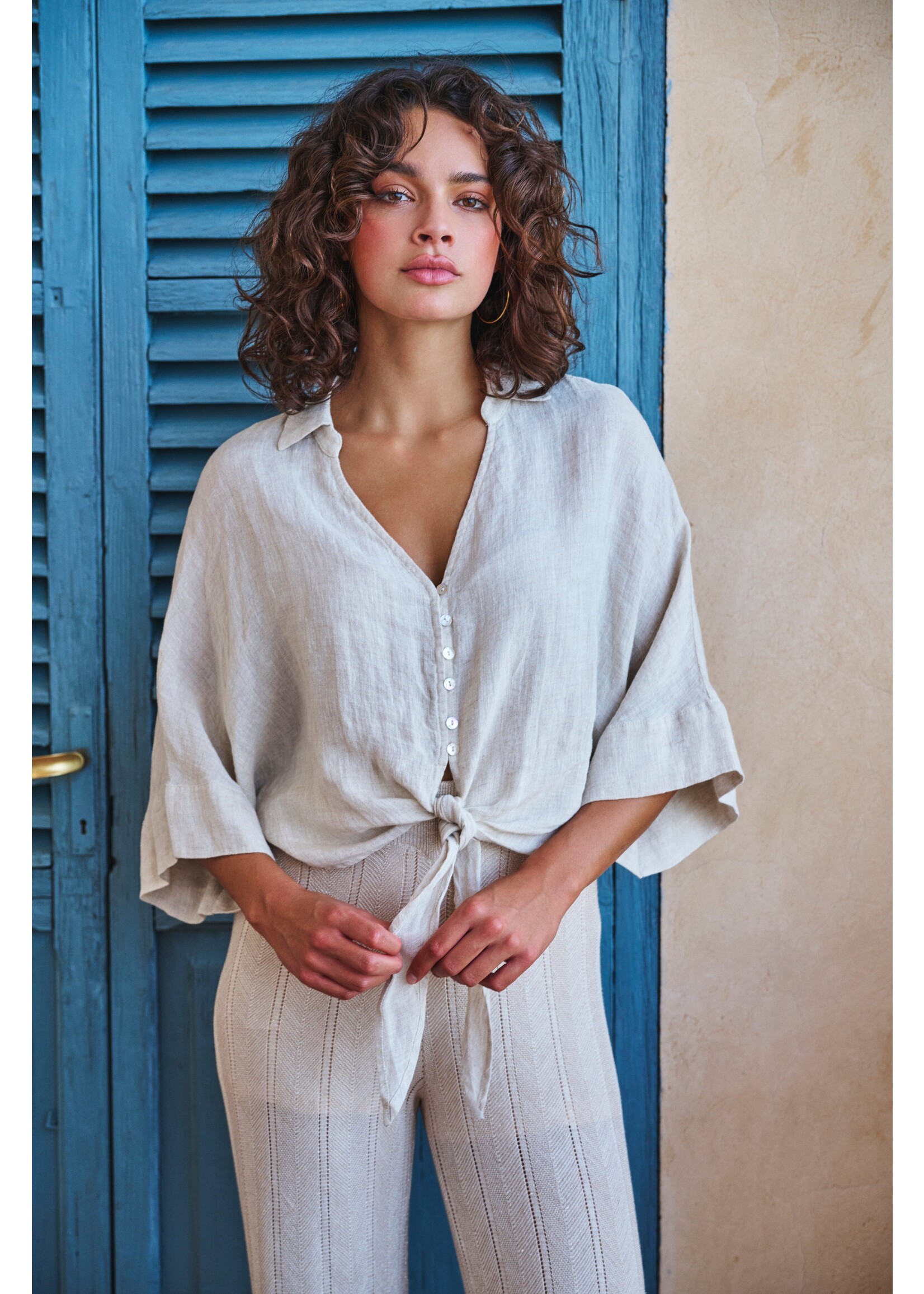 EsQualo Blouse short knot linen natural