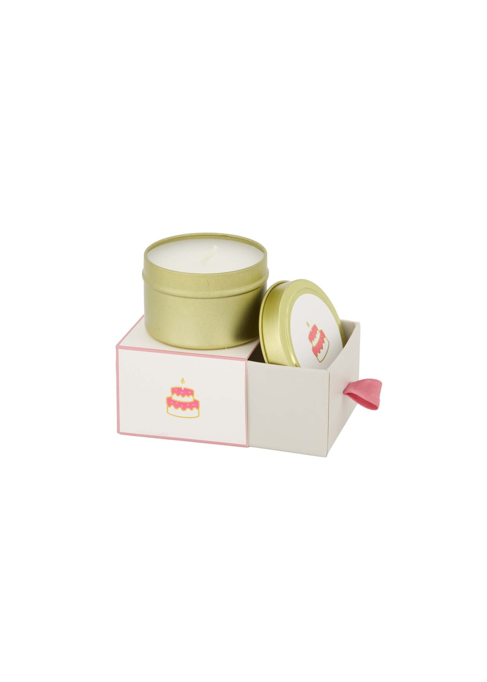 Zusss geurkaars tinnen in schuifdoosje gefeliciteerd taart wit/roze
