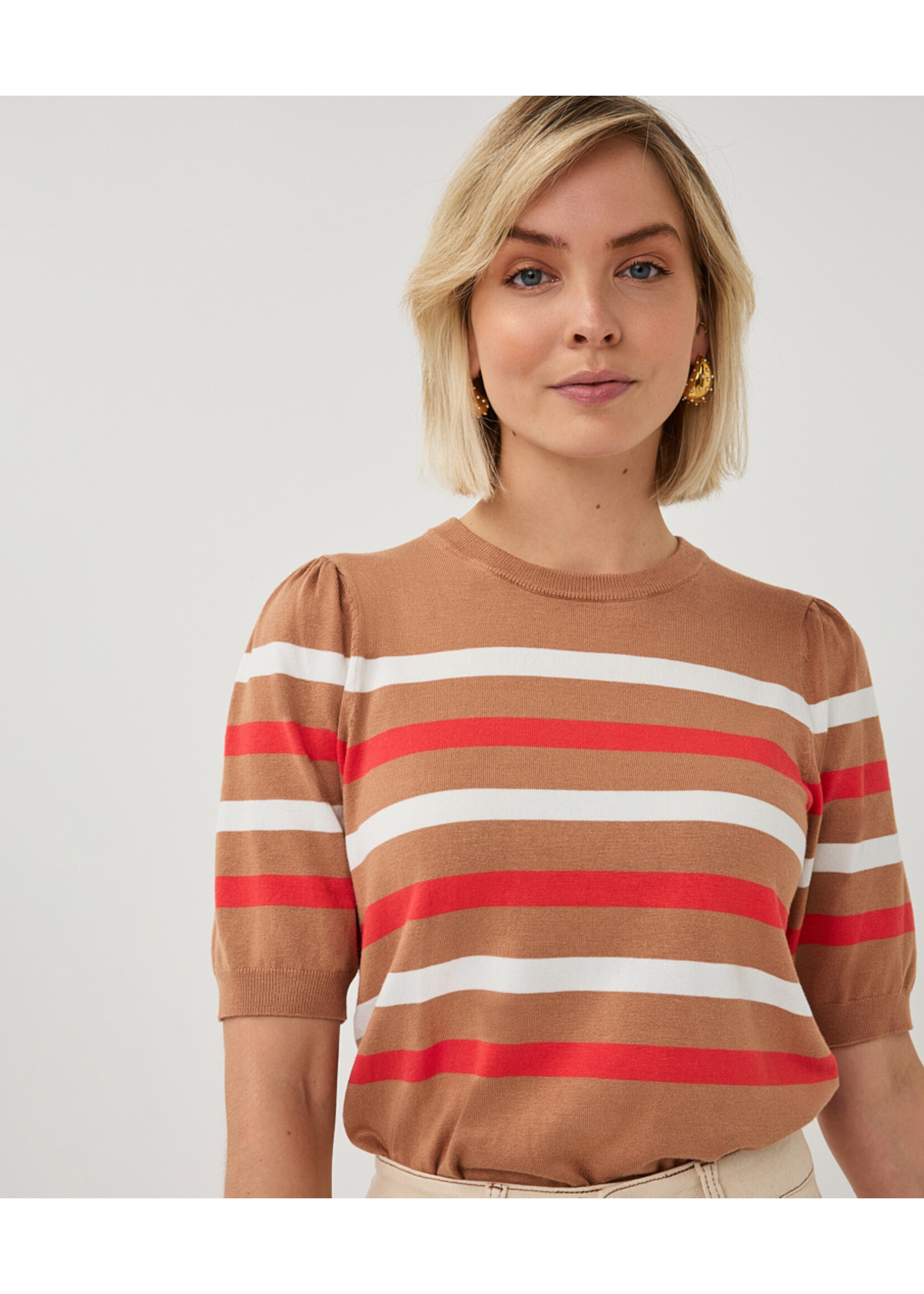 EsQualo Sweater puff slve striped knit