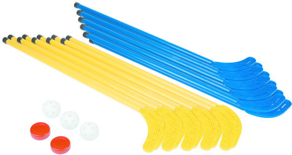 Megaform Floor hockey Set | 12 sticks | Geel - Blauw | Inclusief 6 witte ballen Megaform Floor hockey Set | 12 sticks | Geel - Blauw | Inclusief 6 witte ballen