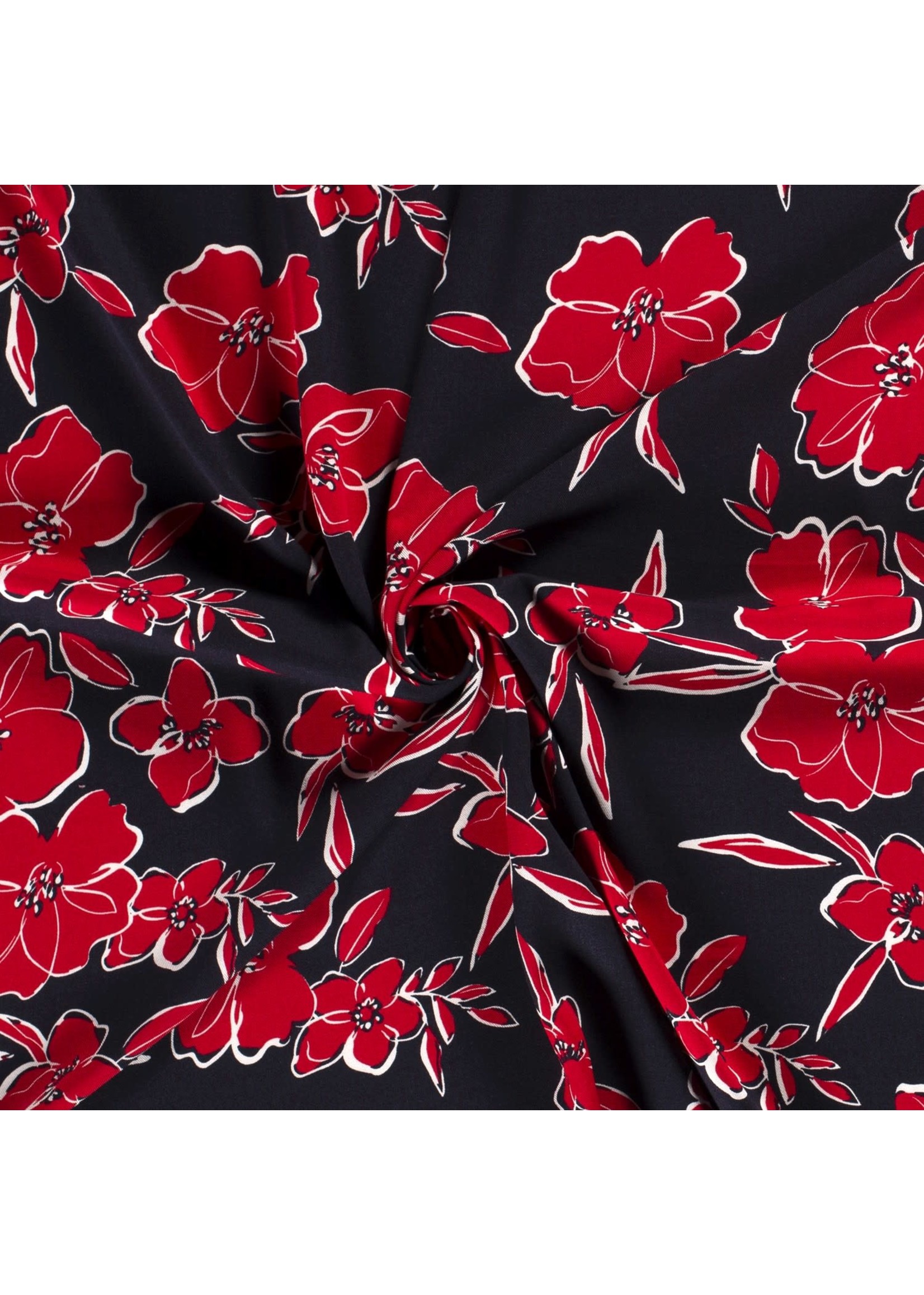 Viscose Twill Bedrukt Bloemen Rood