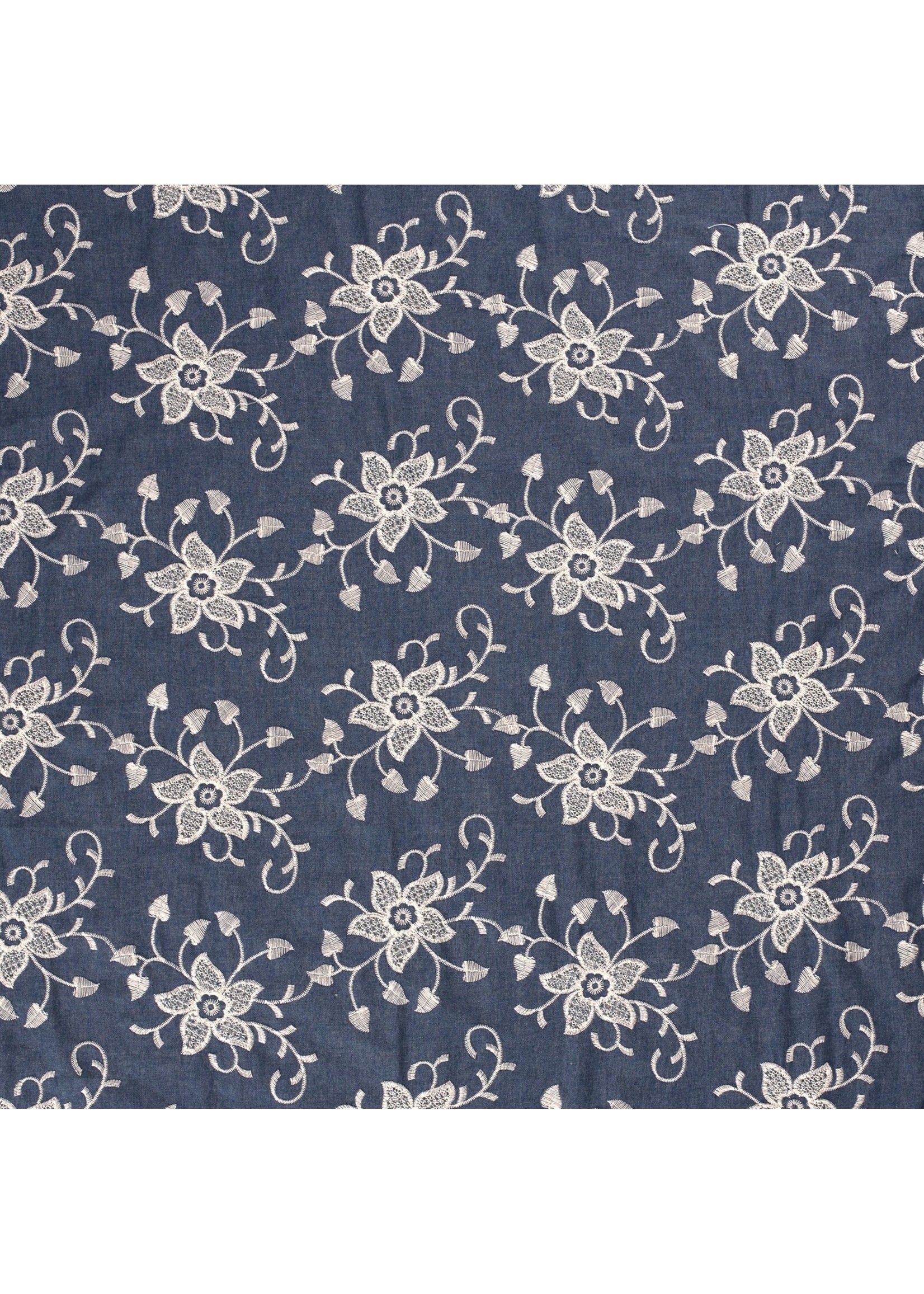 Denim Stof Geborduurd met Bloemen Blauw