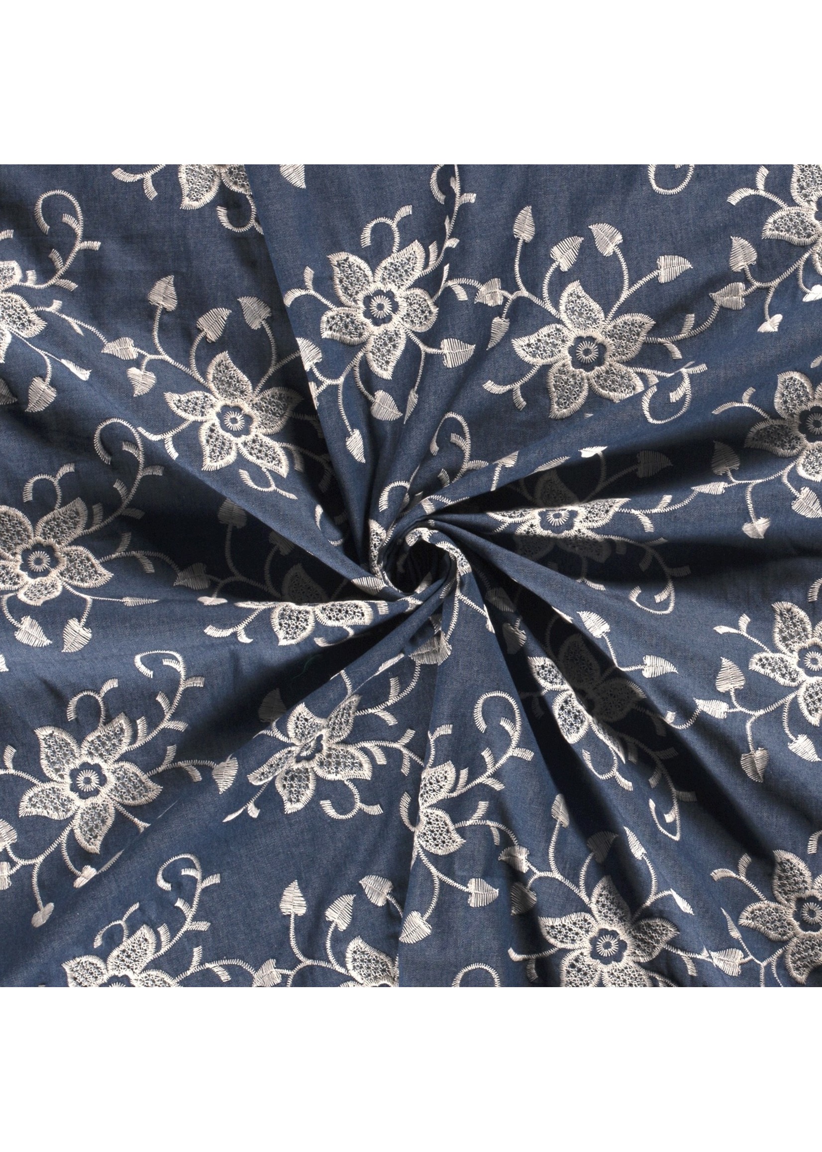 Denim Stof Geborduurd met Bloemen Blauw