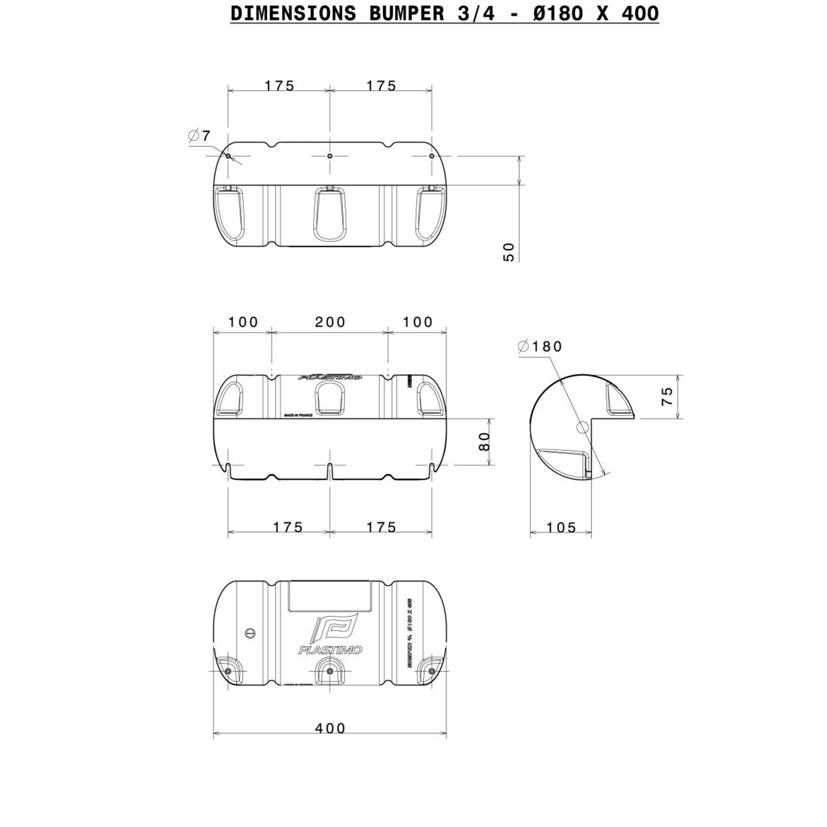 Plastimo Dock f/bumper std 3/4 180x400 whte