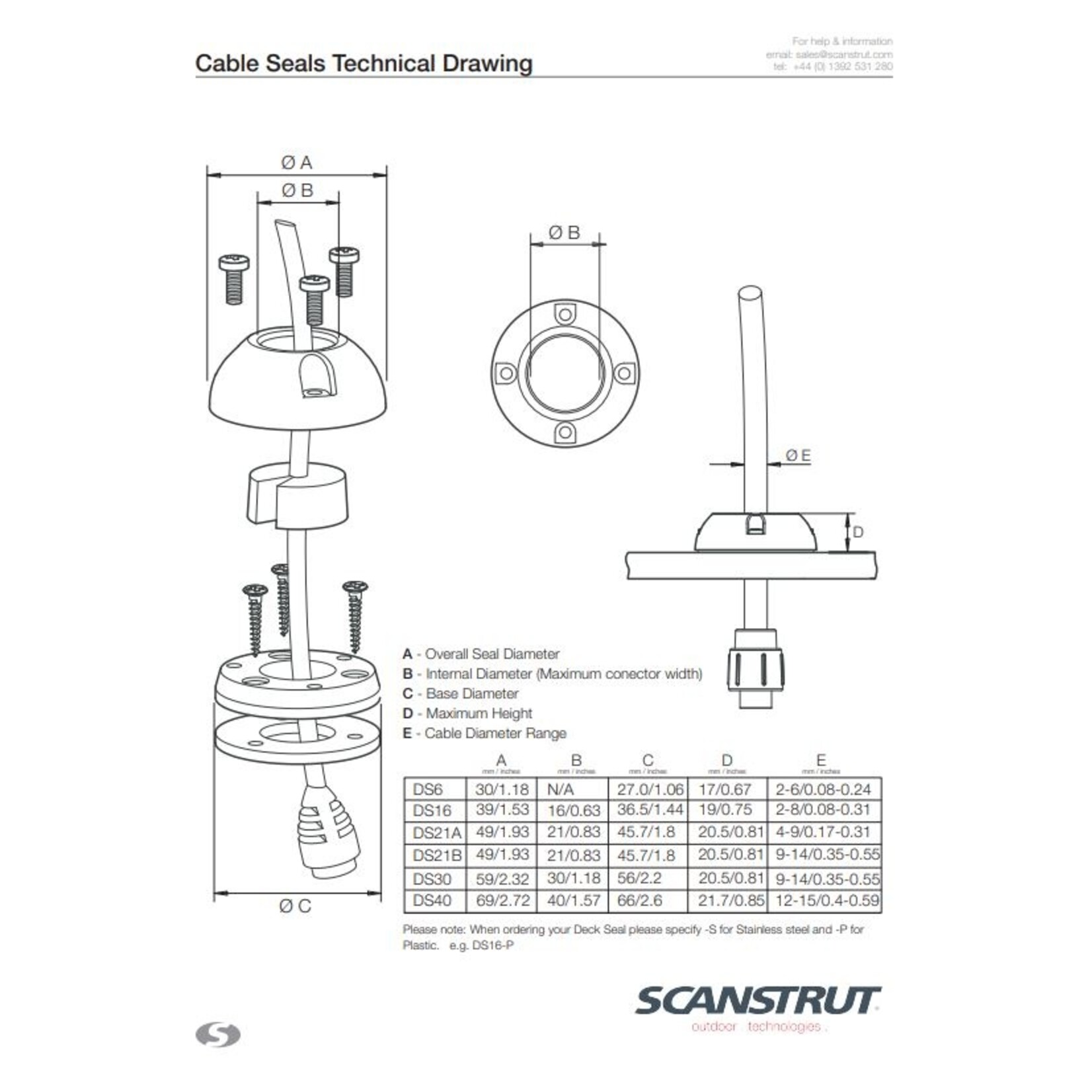 Scanstrut Mini Deck Seal Ø16mm.Cable 2-8mm. Plstc