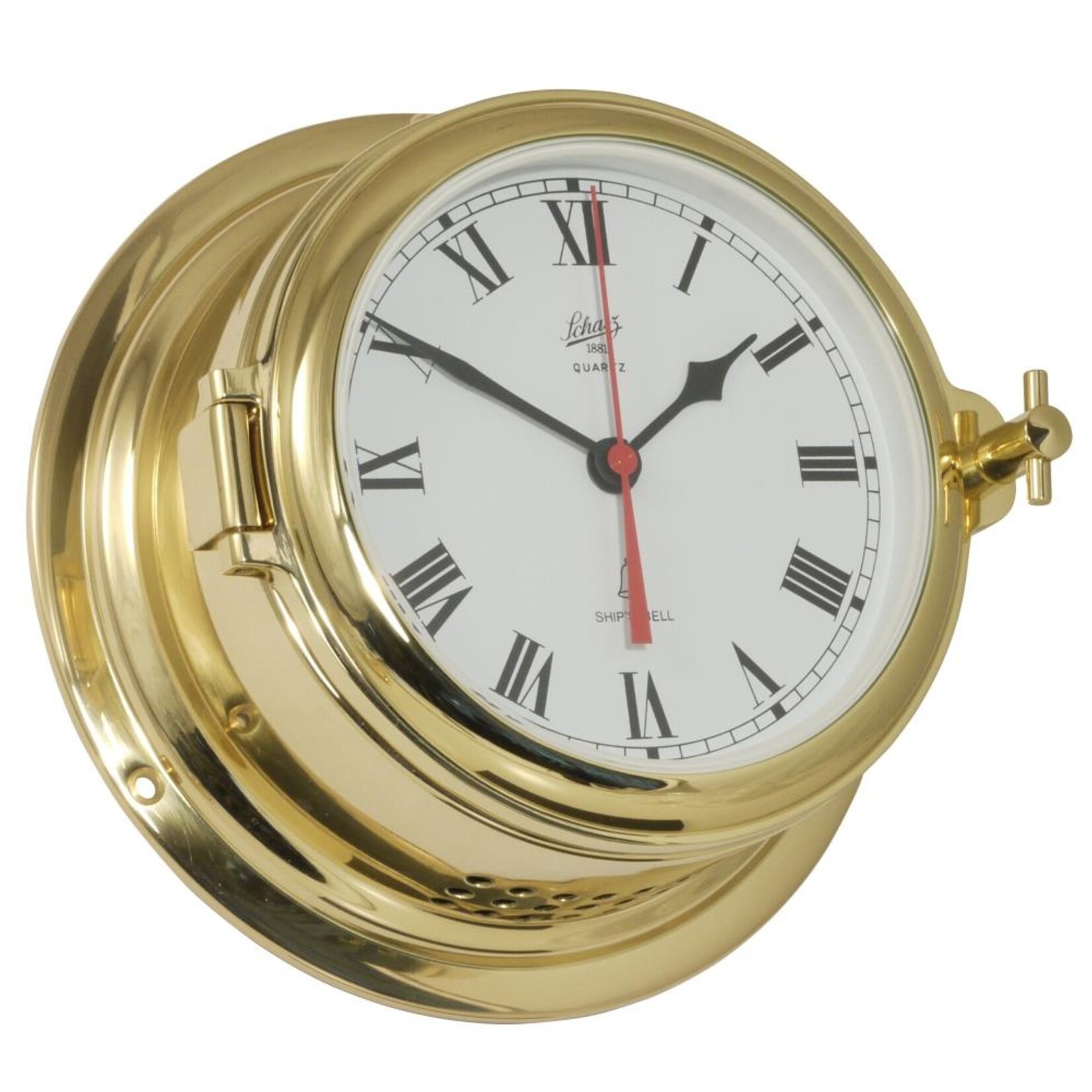 Schatz Clock w. battery driven ship's bell - Midi ø155 - polished brass - roman numerals