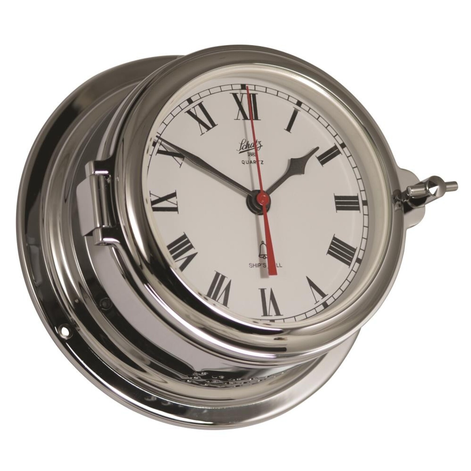 Schatz Clock w. battery driven ship's bell - Midi ø155 - chromium plated brass - roman numerals