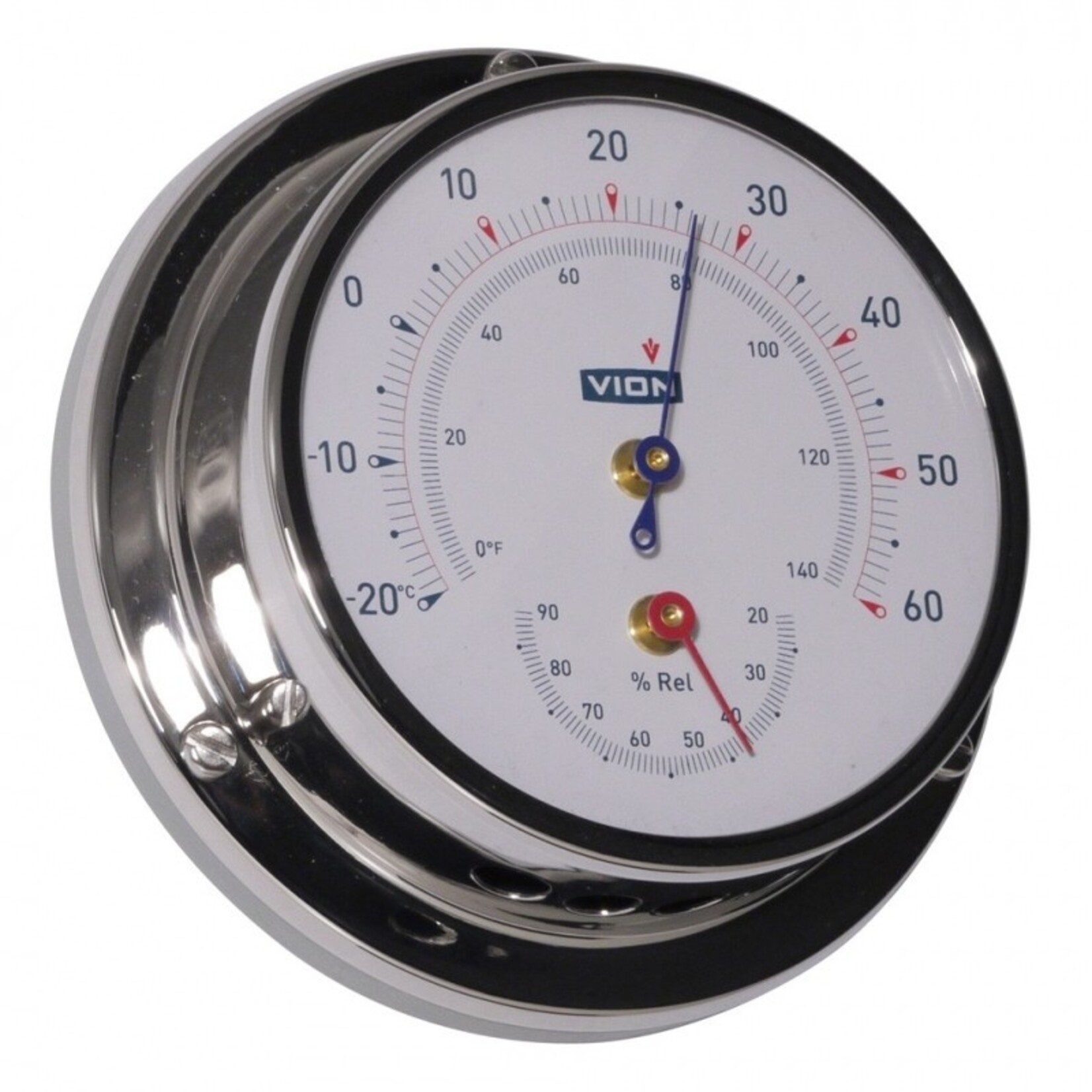Vion Thermo-/hygrometer - polished stainless steel - ø97mm - w/wall mount - VION