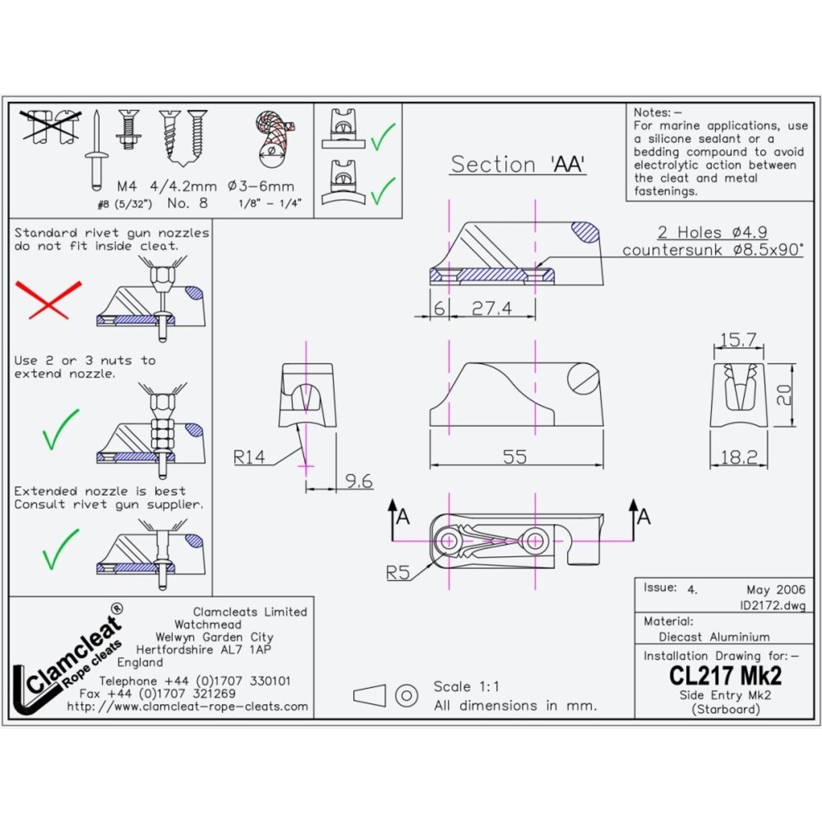 Clamcleat Side Entry MK2AN (Starboard) hard geanodiseerd