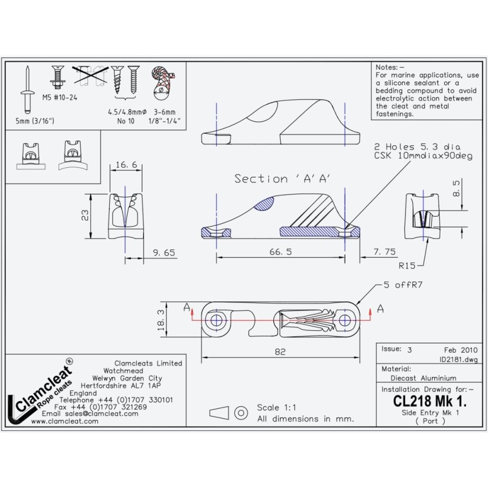 Clamcleat Side Entry MK1 (Port) zilver