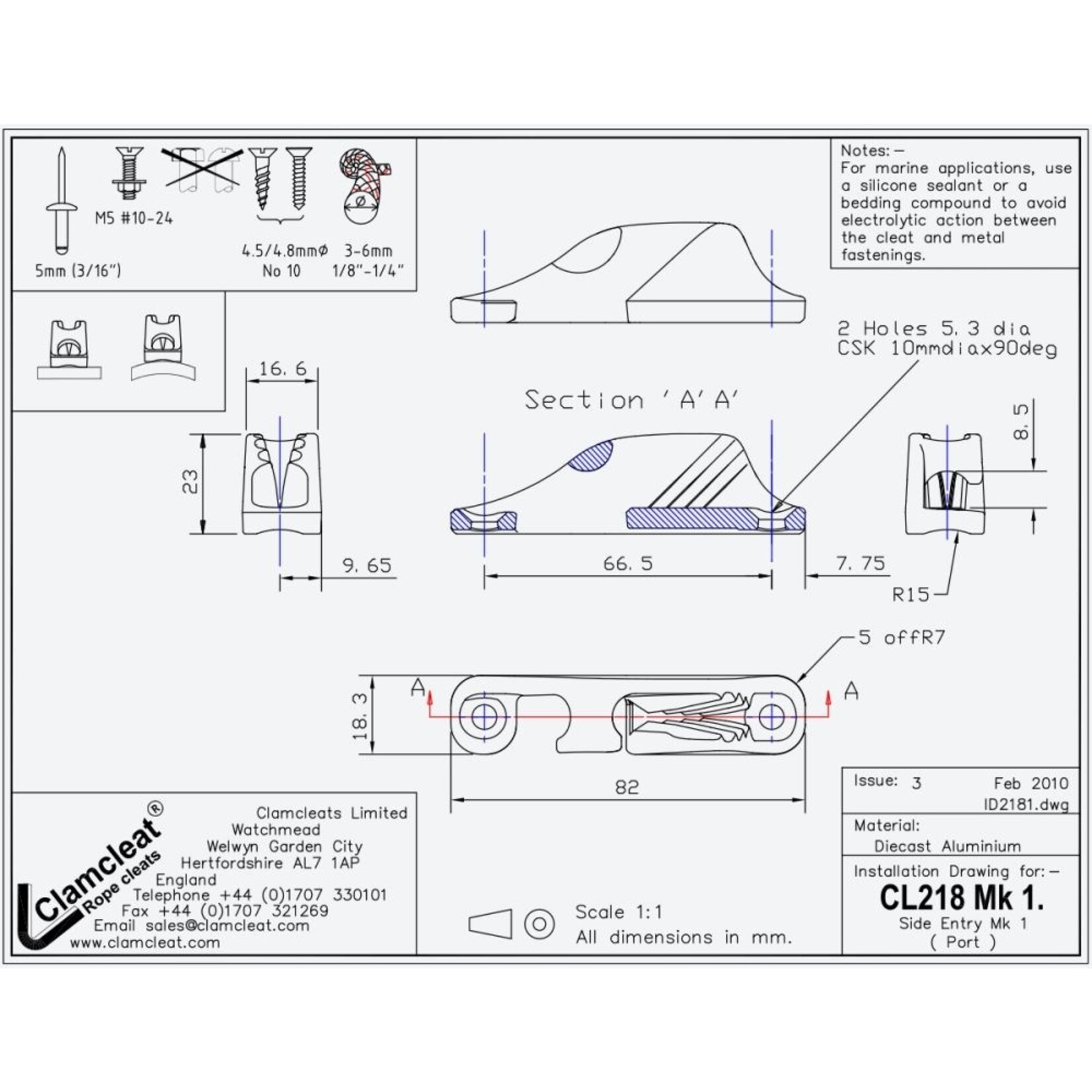 Clamcleat Side Entry MK1AN (Port) hard geanodiseerd