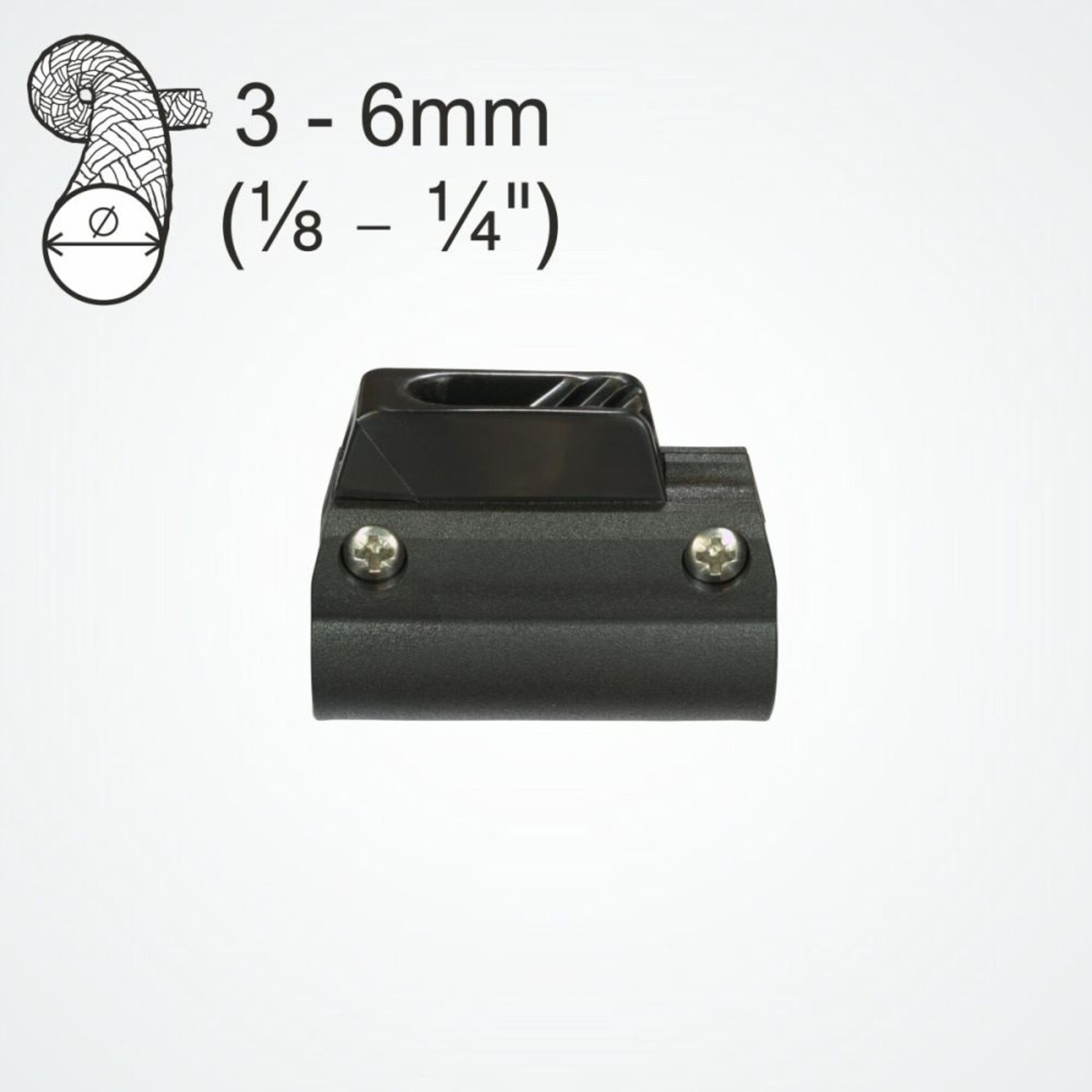 Clamcleat Nylon CL243. 1 x CL072 Strap to suit 20mm dia Pole. 2 x Screws. 1 x Rubber Packing Piece