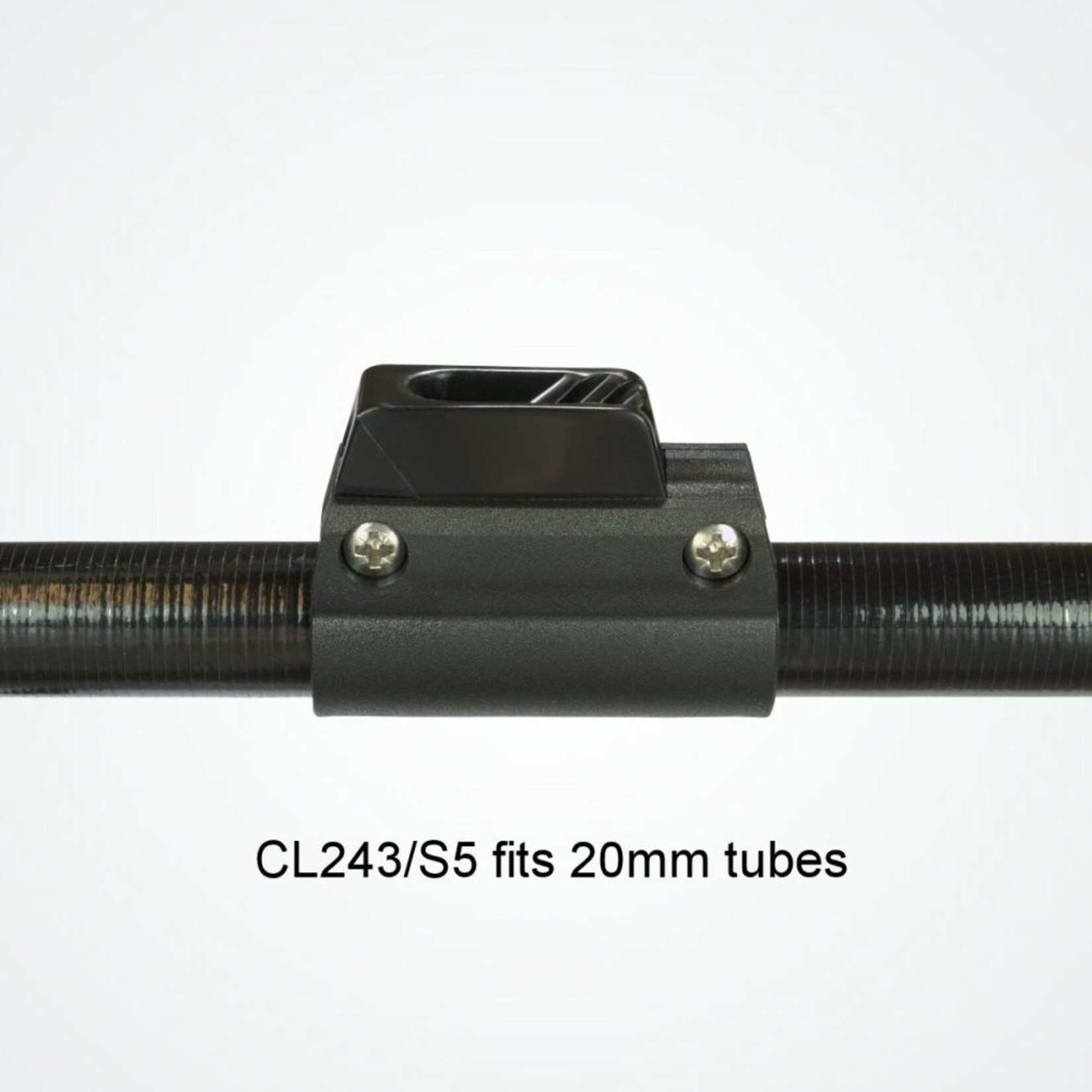 Clamcleat Nylon CL243. 1 x CL072 Strap to suit 20mm dia Pole. 2 x Screws. 1 x Rubber Packing Piece