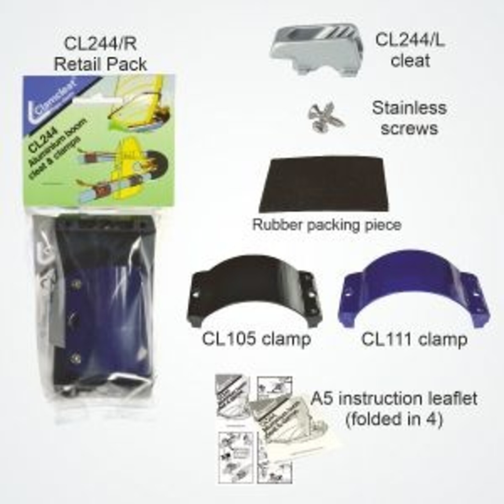 Clamcleat CL244. 1 x CL111 blauw Strap. 2 x Rubber Pieces. 2 x Screws