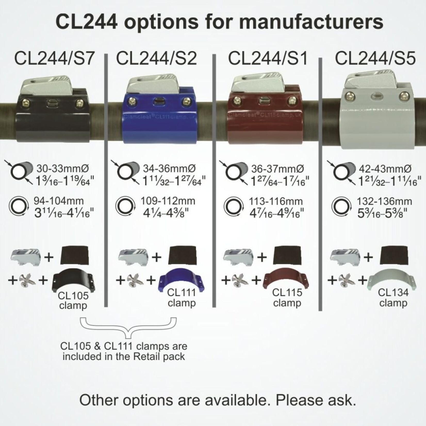 Clamcleat CL244. 1 x CL105 grafietgrijs Strap. 2 x Rubber Pieces. 2 x Screws