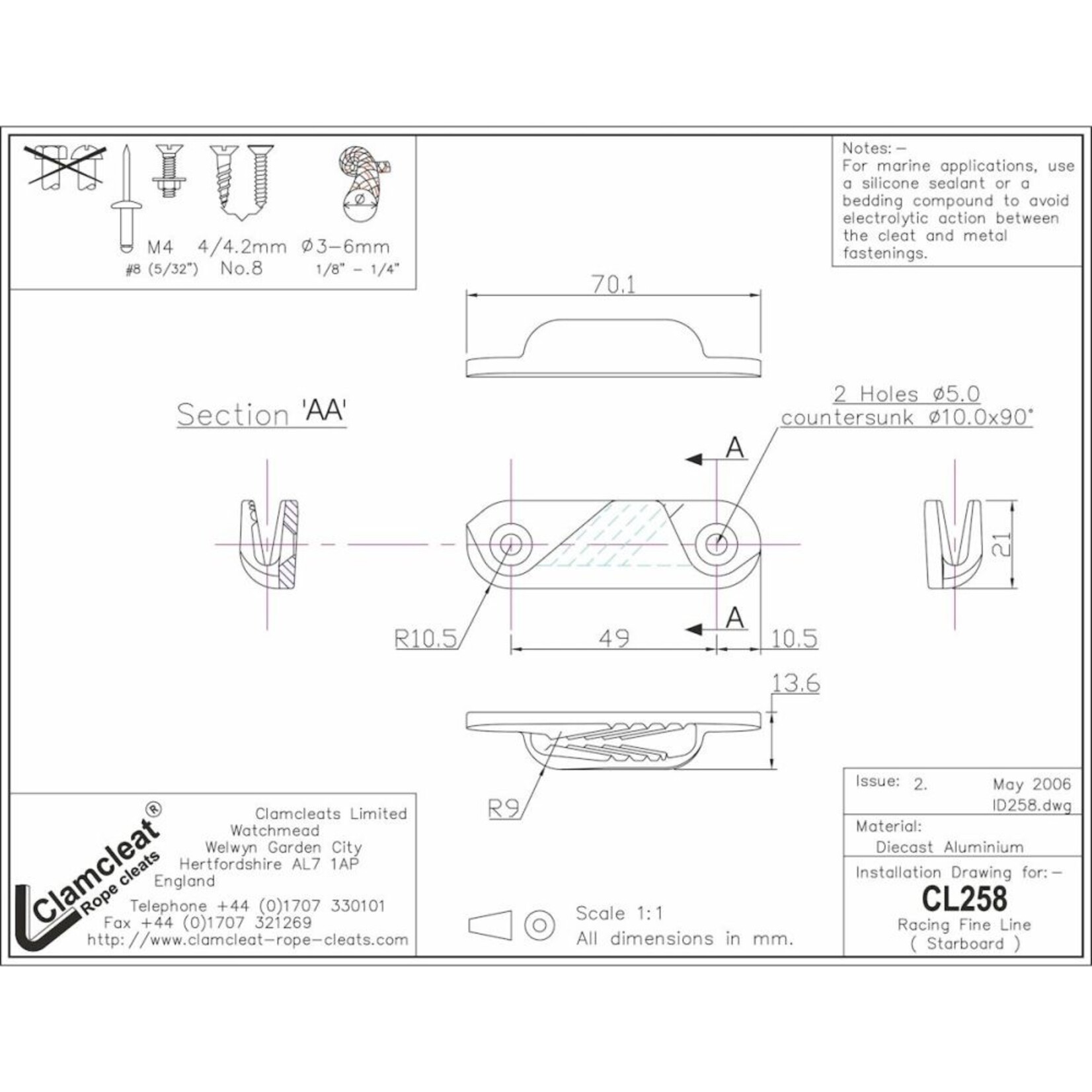 Clamcleat Racing Fine Line (Starboard) hard geanodiseerd
